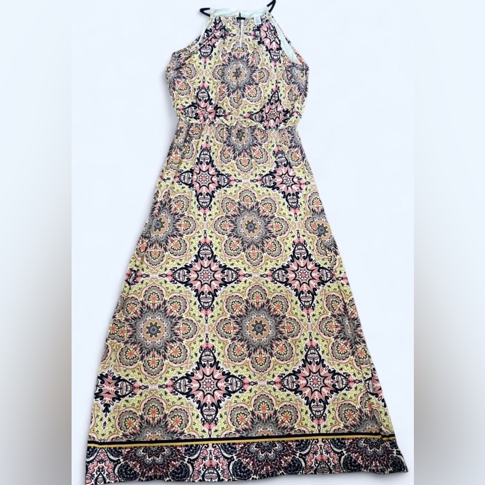 London Times Halter Maxi Dress Boho Womens 6 Medallion Resort Vacation Lined